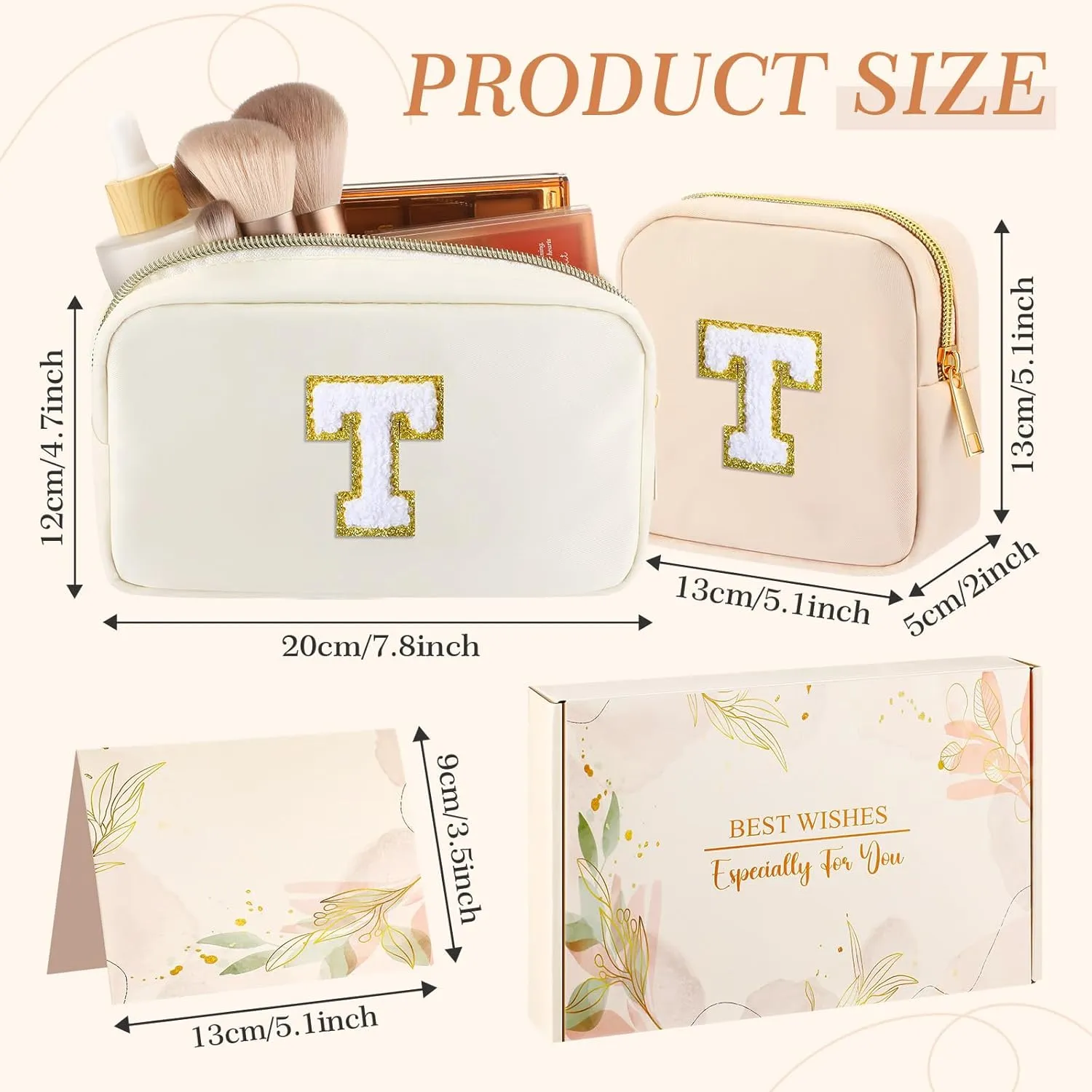 Abbylike Monogram Makeup Bag 2 Pcs Preppy Cosmetic Bag Bridesmaid Gift Bachelorette Party Favors Personalized Birthday Gift for Women Initial Toiletry Packet Nylon Chenille Letter Pouch(Letter T)