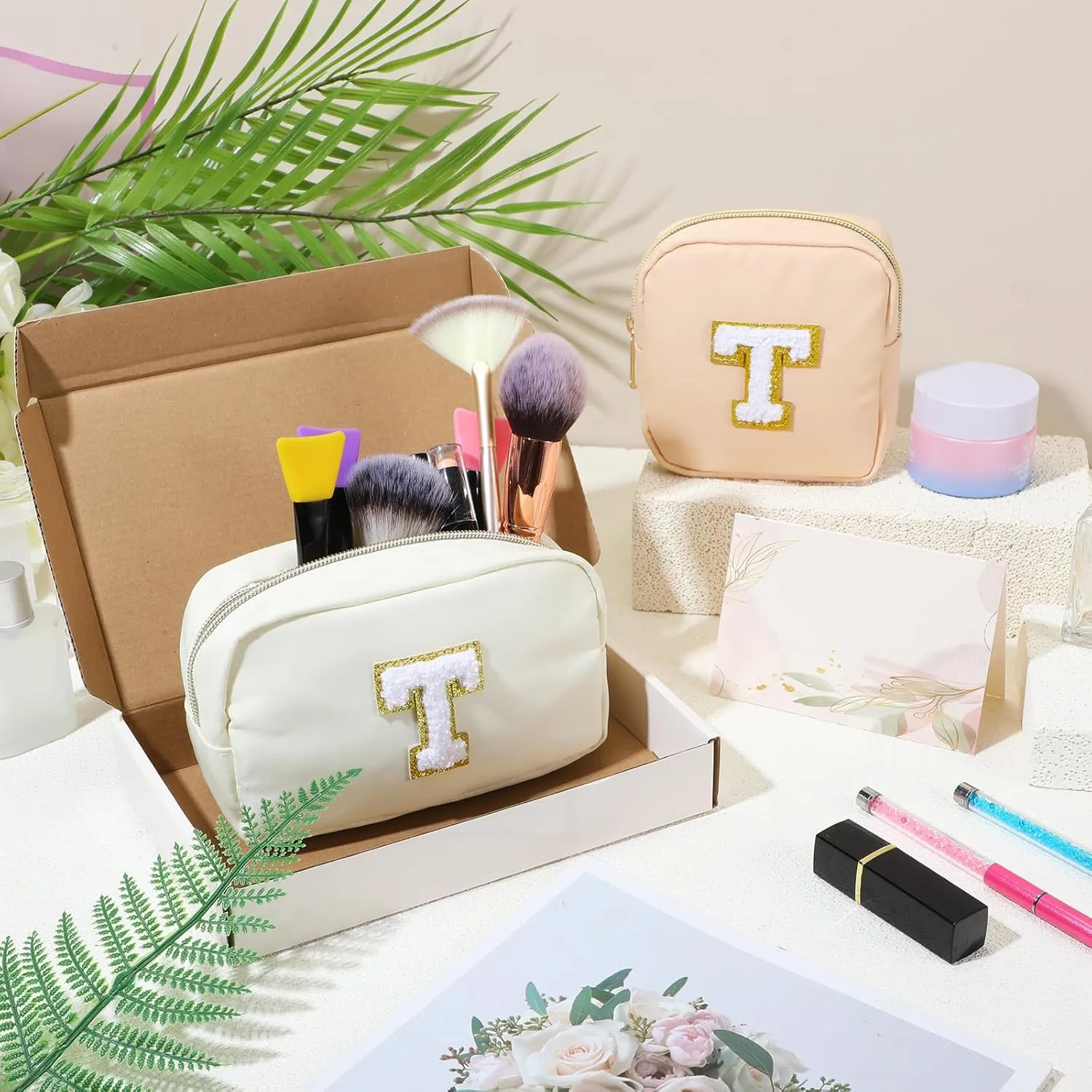 Abbylike Monogram Makeup Bag 2 Pcs Preppy Cosmetic Bag Bridesmaid Gift Bachelorette Party Favors Personalized Birthday Gift for Women Initial Toiletry Packet Nylon Chenille Letter Pouch(Letter T)