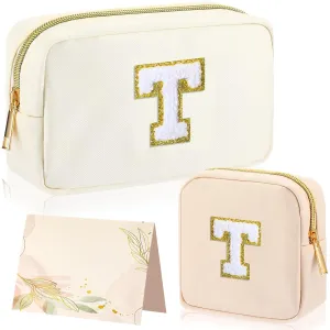 Abbylike Monogram Makeup Bag 2 Pcs Preppy Cosmetic Bag Bridesmaid Gift Bachelorette Party Favors Personalized Birthday Gift for Women Initial Toiletry Packet Nylon Chenille Letter Pouch(Letter T)