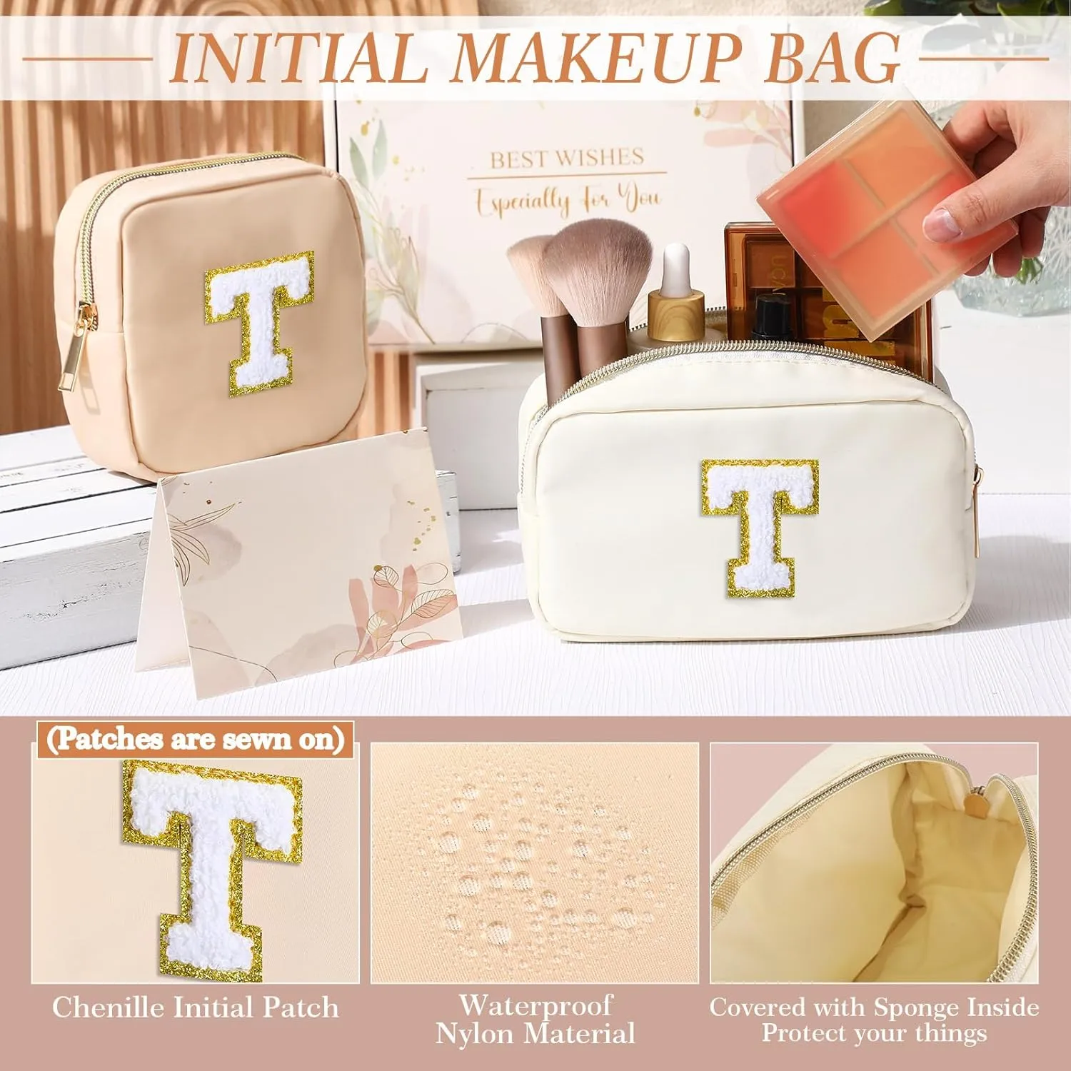Abbylike Monogram Makeup Bag 2 Pcs Preppy Cosmetic Bag Bridesmaid Gift Bachelorette Party Favors Personalized Birthday Gift for Women Initial Toiletry Packet Nylon Chenille Letter Pouch(Letter T)