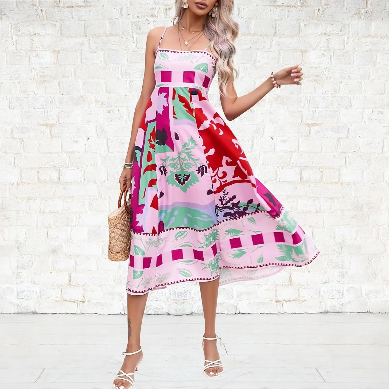 ACOSAP Women Spaghetti Strap Graffiti Maxi Dress Sleeveless A Line Flowy Long Cami Dress Colorful Graphic Boho Beach Sundress