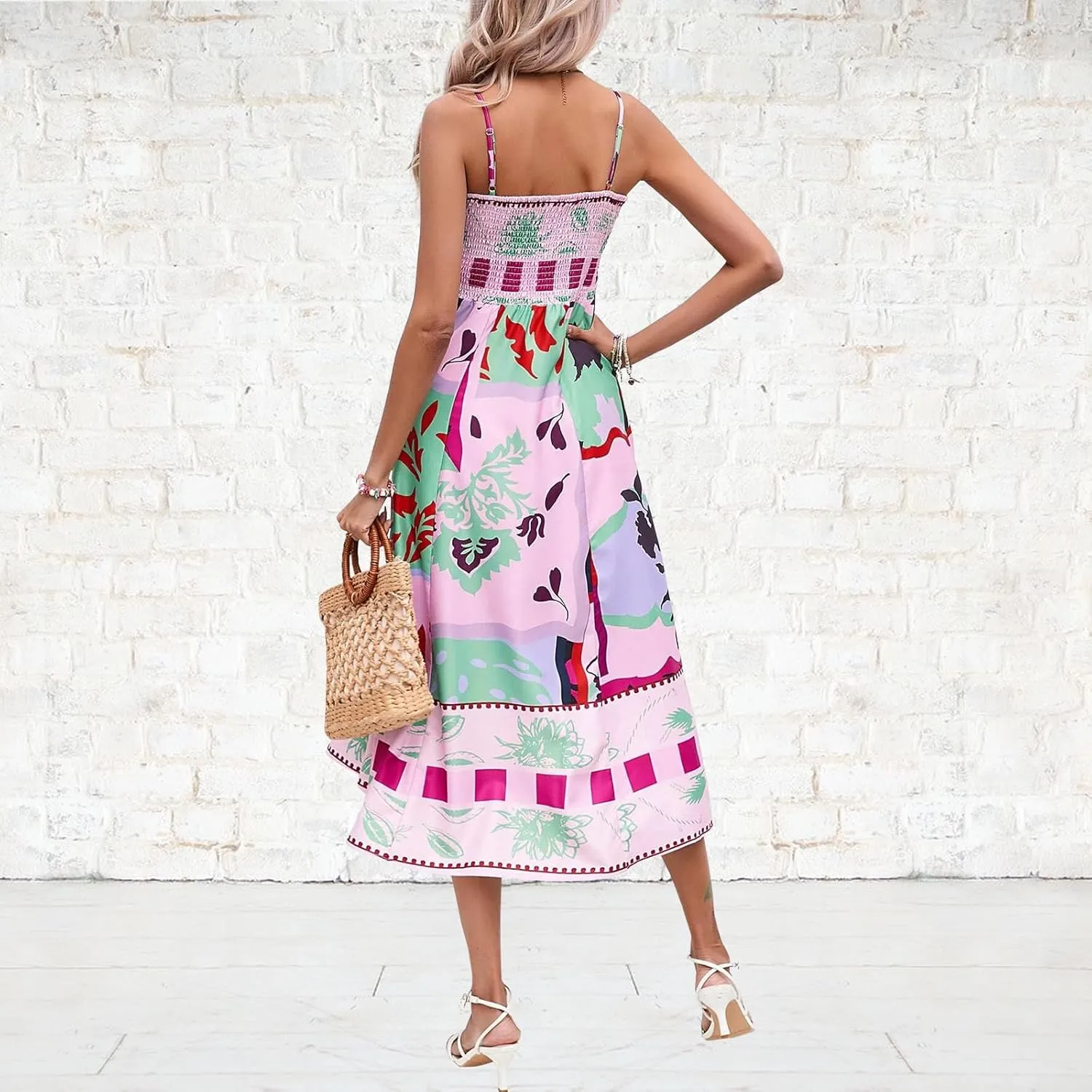ACOSAP Women Spaghetti Strap Graffiti Maxi Dress Sleeveless A Line Flowy Long Cami Dress Colorful Graphic Boho Beach Sundress