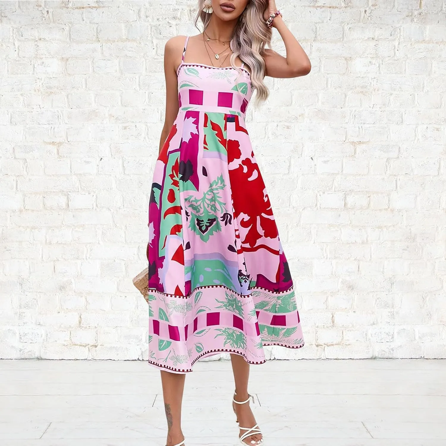 ACOSAP Women Spaghetti Strap Graffiti Maxi Dress Sleeveless A Line Flowy Long Cami Dress Colorful Graphic Boho Beach Sundress