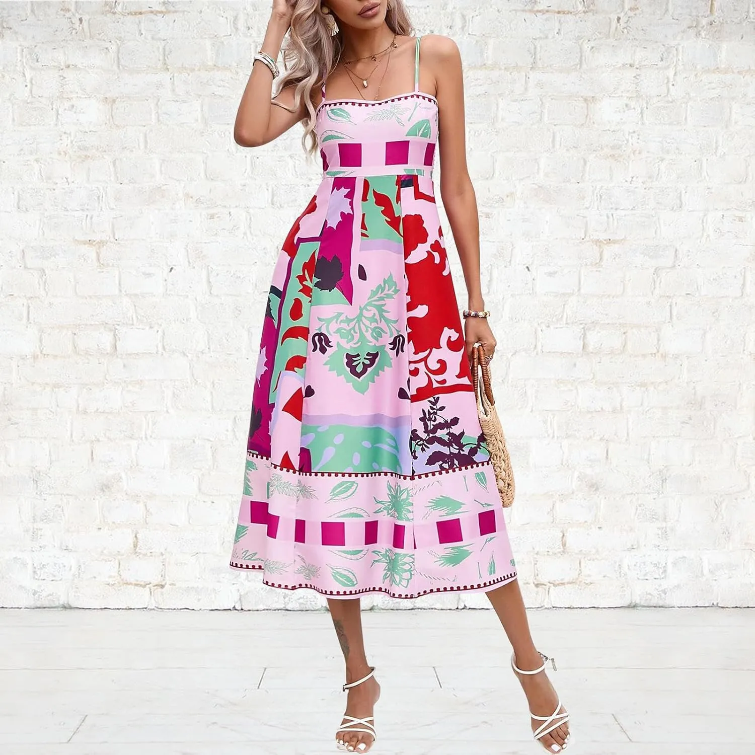 ACOSAP Women Spaghetti Strap Graffiti Maxi Dress Sleeveless A Line Flowy Long Cami Dress Colorful Graphic Boho Beach Sundress