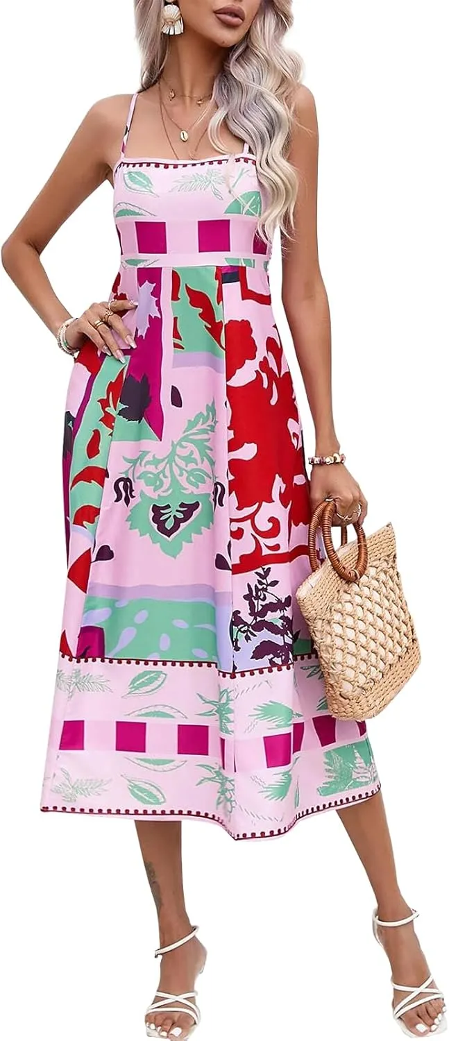 ACOSAP Women Spaghetti Strap Graffiti Maxi Dress Sleeveless A Line Flowy Long Cami Dress Colorful Graphic Boho Beach Sundress