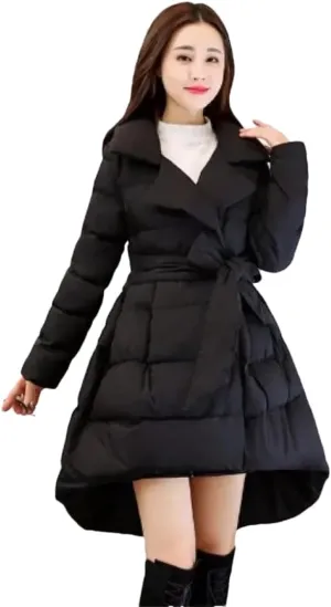 Adhdyuud Women Solid A-Line Cotton Padded Long Coat Bow Tie Office Warm Outwear Winter