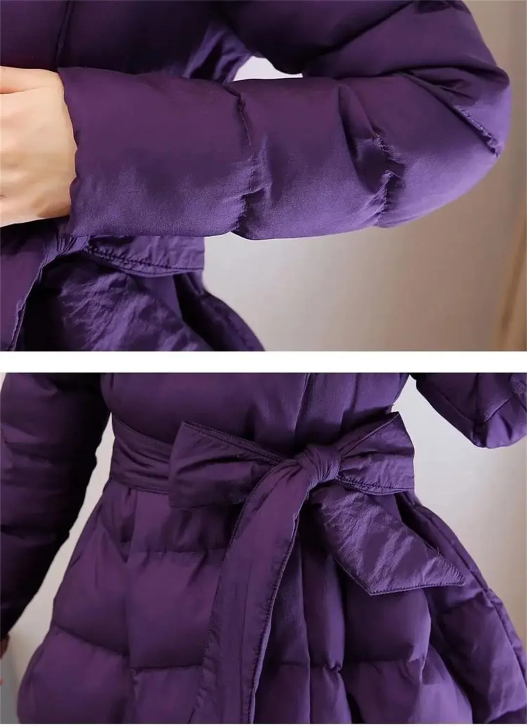 Adhdyuud Women Solid A-Line Cotton Padded Long Coat Bow Tie Office Warm Outwear Winter
