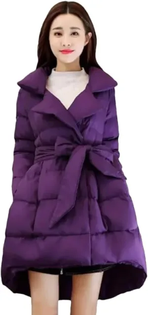 Adhdyuud Women Solid A-Line Cotton Padded Long Coat Bow Tie Office Warm Outwear Winter