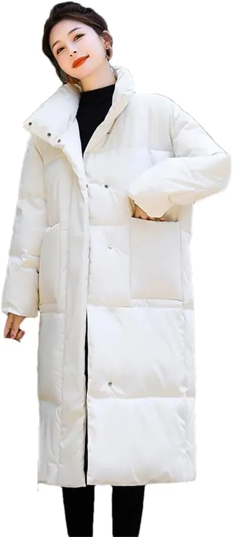 Adhdyuud Womens Solid Stand Collar Long Winter Outwear With Pocket Casual Warm Cotton Padded Coat