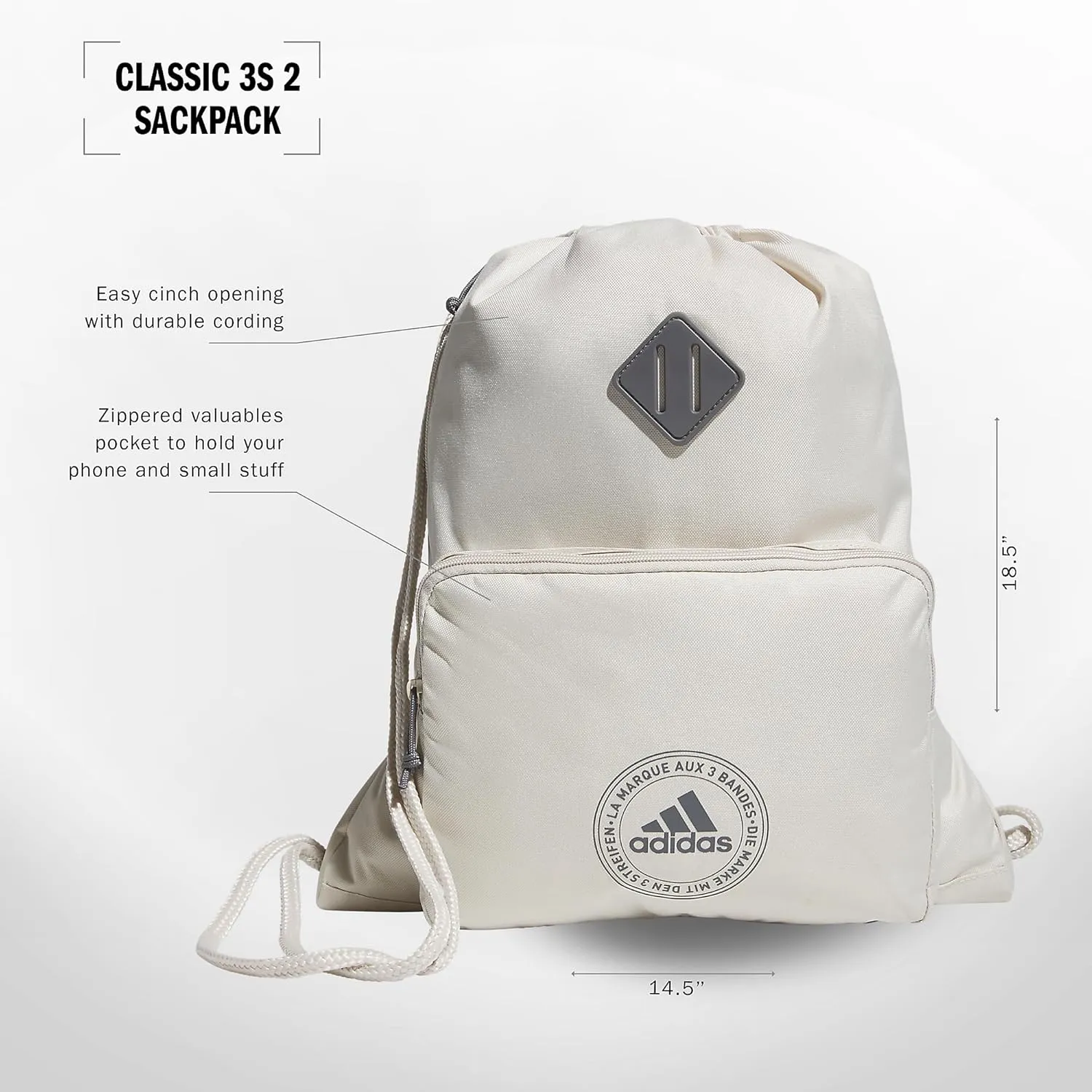 adidas Classic 3S 2.0 Sackpack, Alumina Beige/Grey Four, One Size