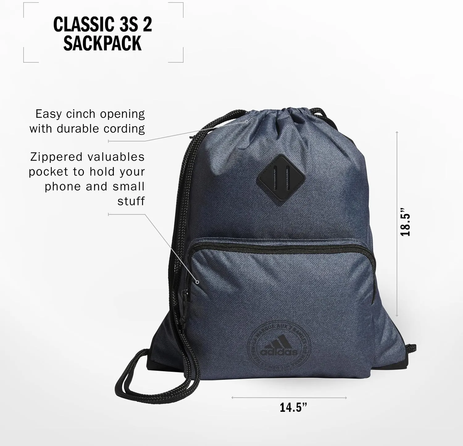 adidas Classic 3S 2.0 Sackpack, Twill Onix Grey/Black, One Size