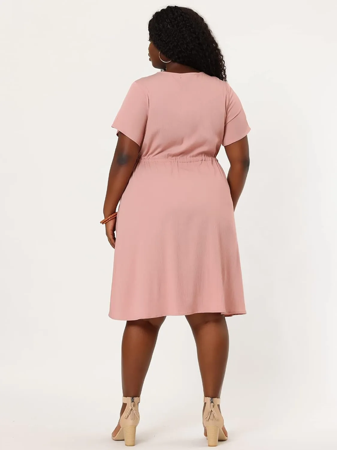 Agnes Orinda Women's Plus Size Dress V Neck Short Sleeve A Line Flowy Midi Chambray Dresses 2024 Summer