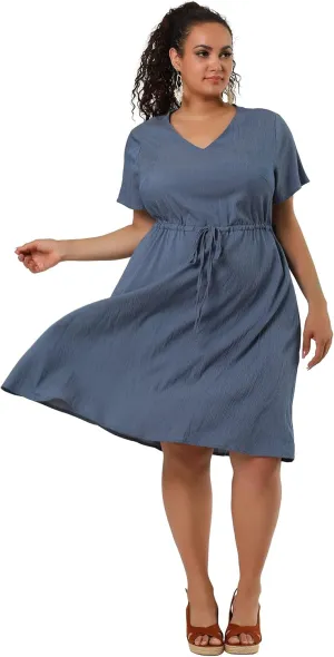Agnes Orinda Women's Plus Size Dress V Neck Short Sleeve A Line Flowy Midi Chambray Dresses 2024 Summer
