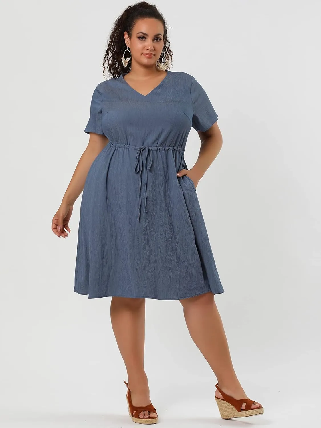 Agnes Orinda Women's Plus Size Dress V Neck Short Sleeve A Line Flowy Midi Chambray Dresses 2024 Summer