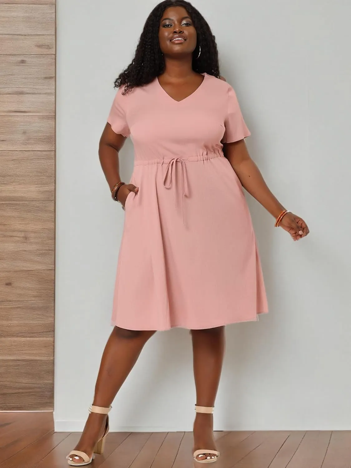 Agnes Orinda Women's Plus Size Dress V Neck Short Sleeve A Line Flowy Midi Chambray Dresses 2024 Summer