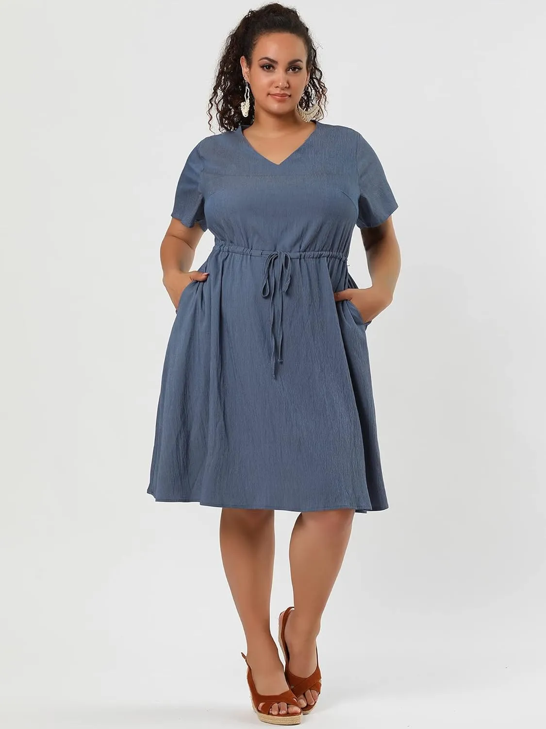 Agnes Orinda Women's Plus Size Dress V Neck Short Sleeve A Line Flowy Midi Chambray Dresses 2024 Summer