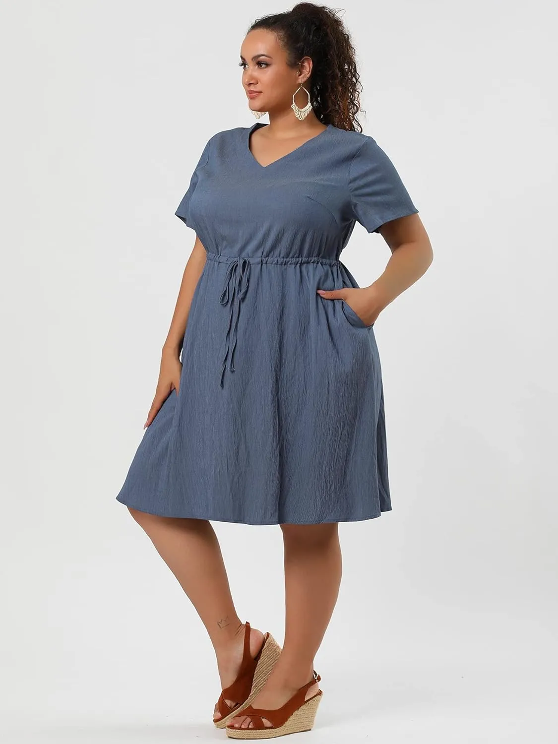 Agnes Orinda Women's Plus Size Dress V Neck Short Sleeve A Line Flowy Midi Chambray Dresses 2024 Summer