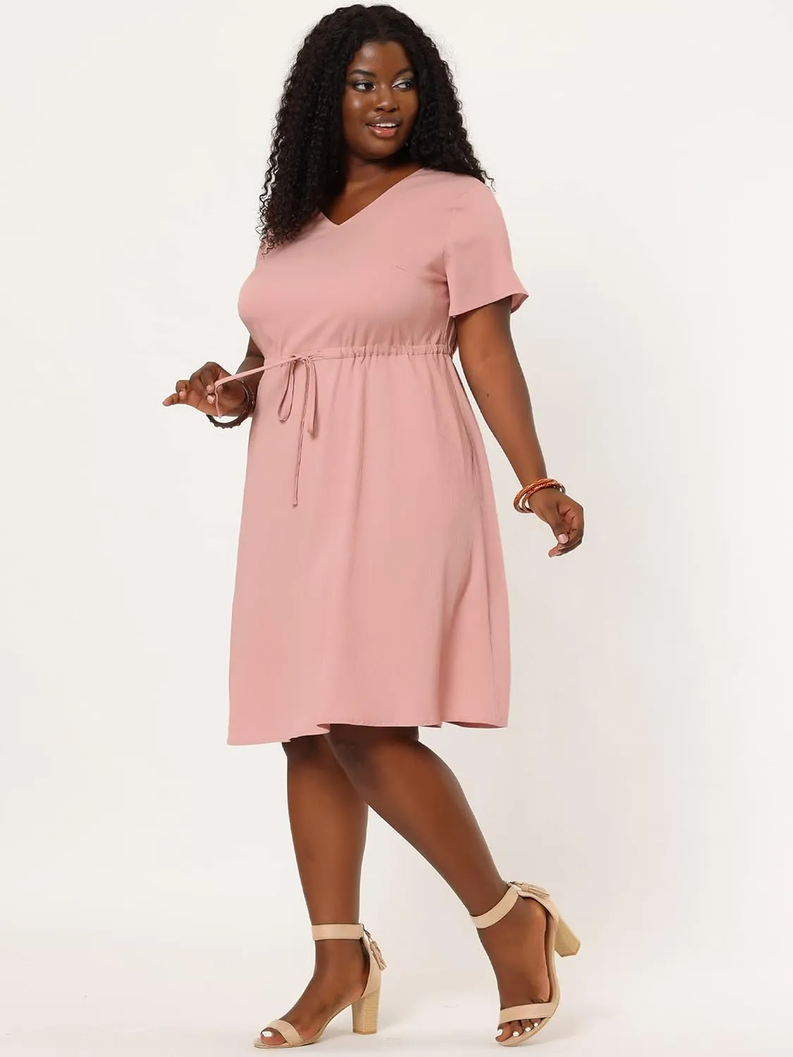 Agnes Orinda Women's Plus Size Dress V Neck Short Sleeve A Line Flowy Midi Chambray Dresses 2024 Summer