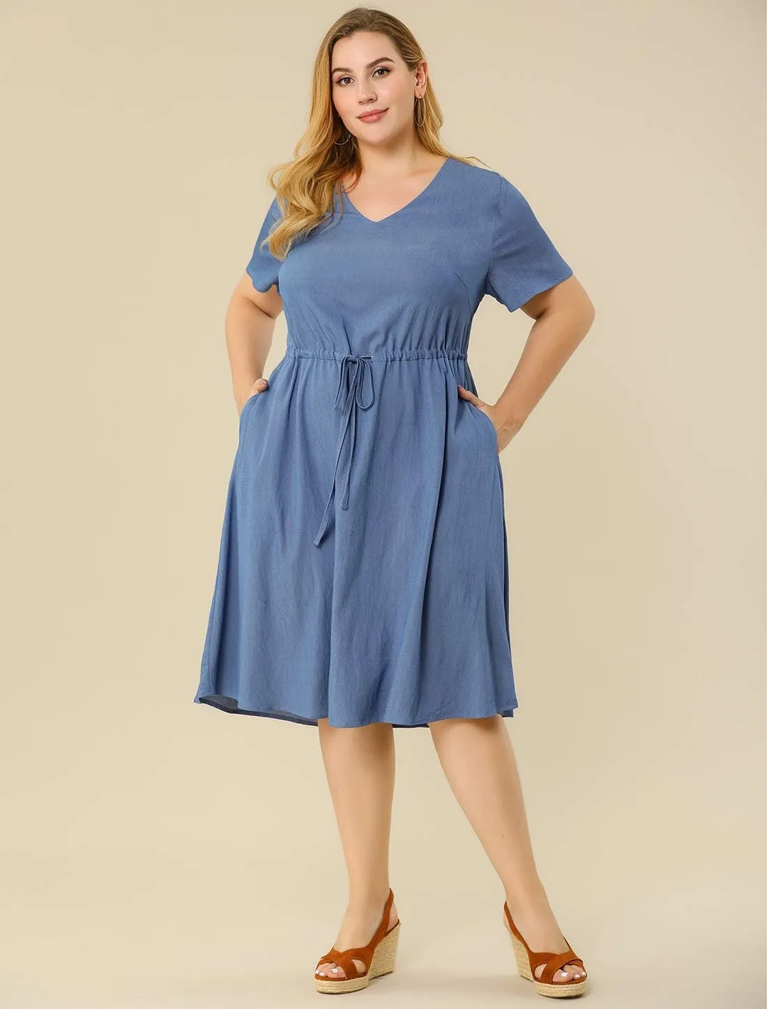 Agnes Orinda Women's Plus Size Dress V Neck Short Sleeve A Line Flowy Midi Chambray Dresses 2024 Summer