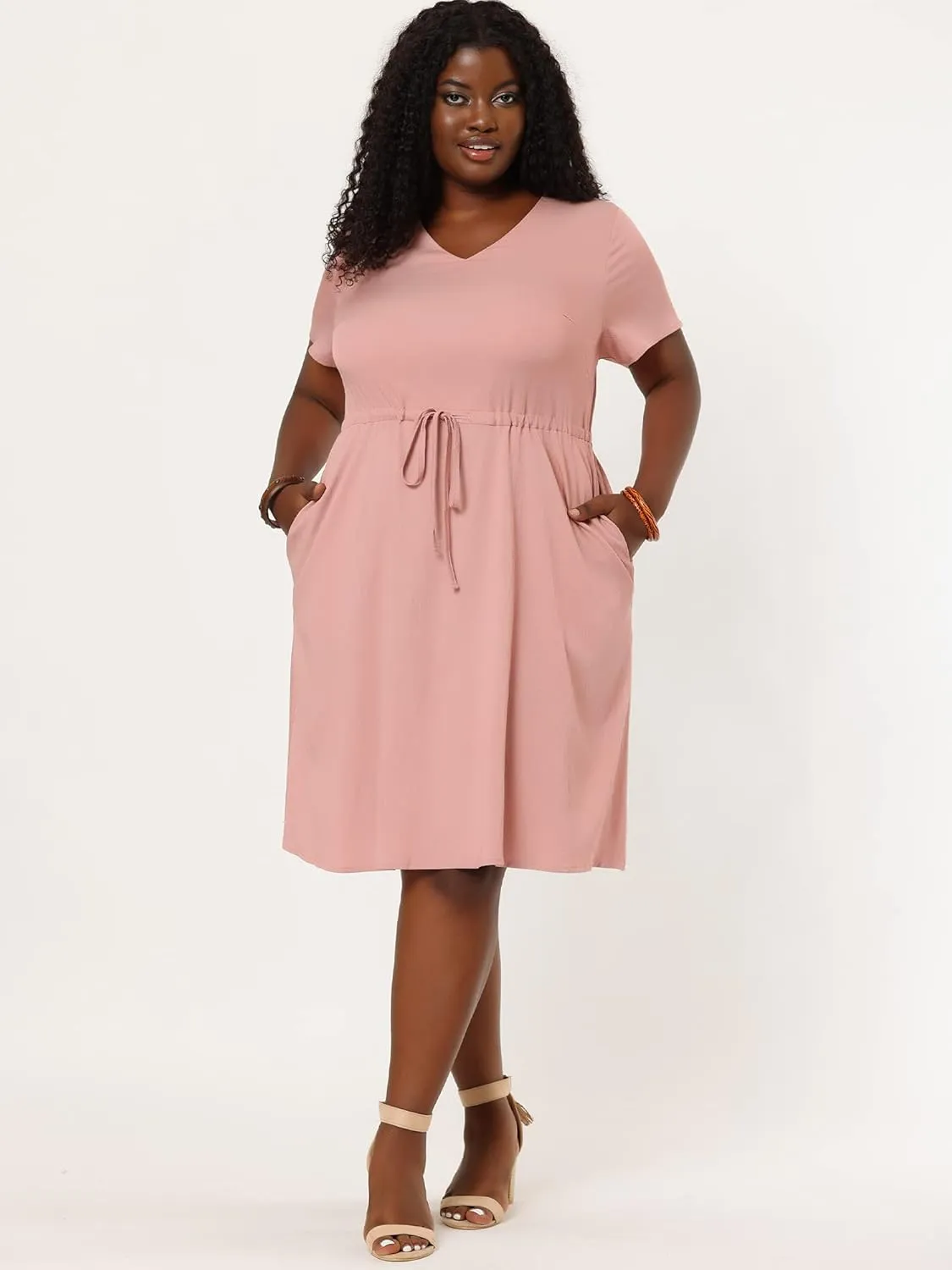 Agnes Orinda Women's Plus Size Dress V Neck Short Sleeve A Line Flowy Midi Chambray Dresses 2024 Summer