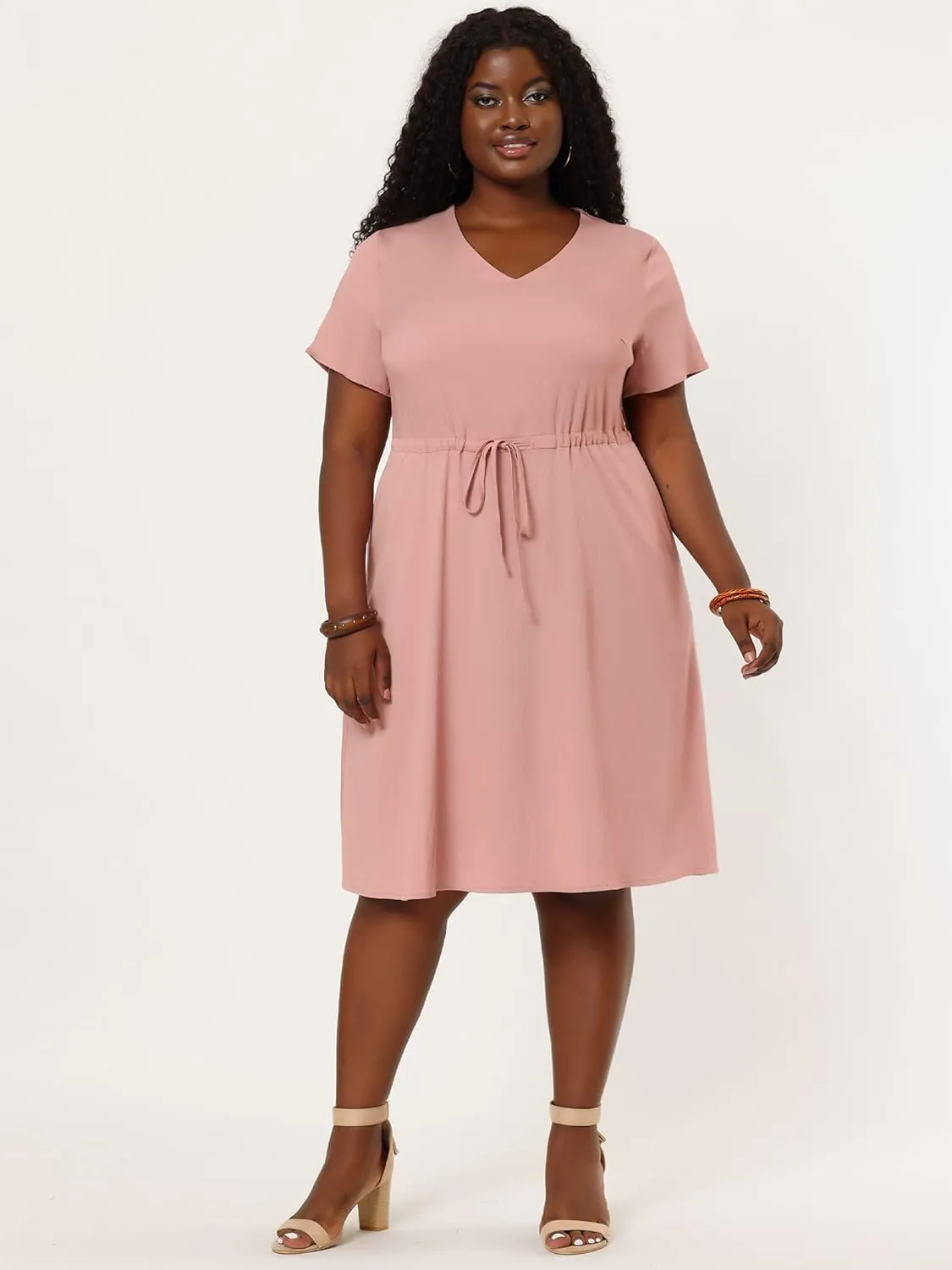 Agnes Orinda Women's Plus Size Dress V Neck Short Sleeve A Line Flowy Midi Chambray Dresses 2024 Summer