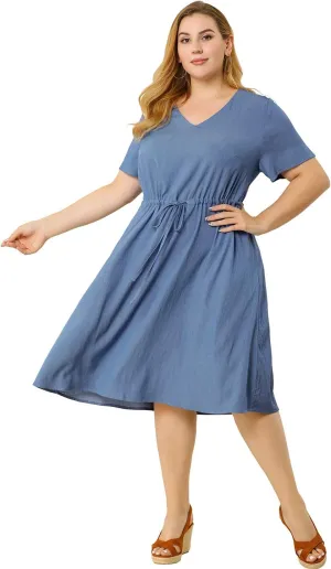 Agnes Orinda Women's Plus Size Dress V Neck Short Sleeve A Line Flowy Midi Chambray Dresses 2024 Summer
