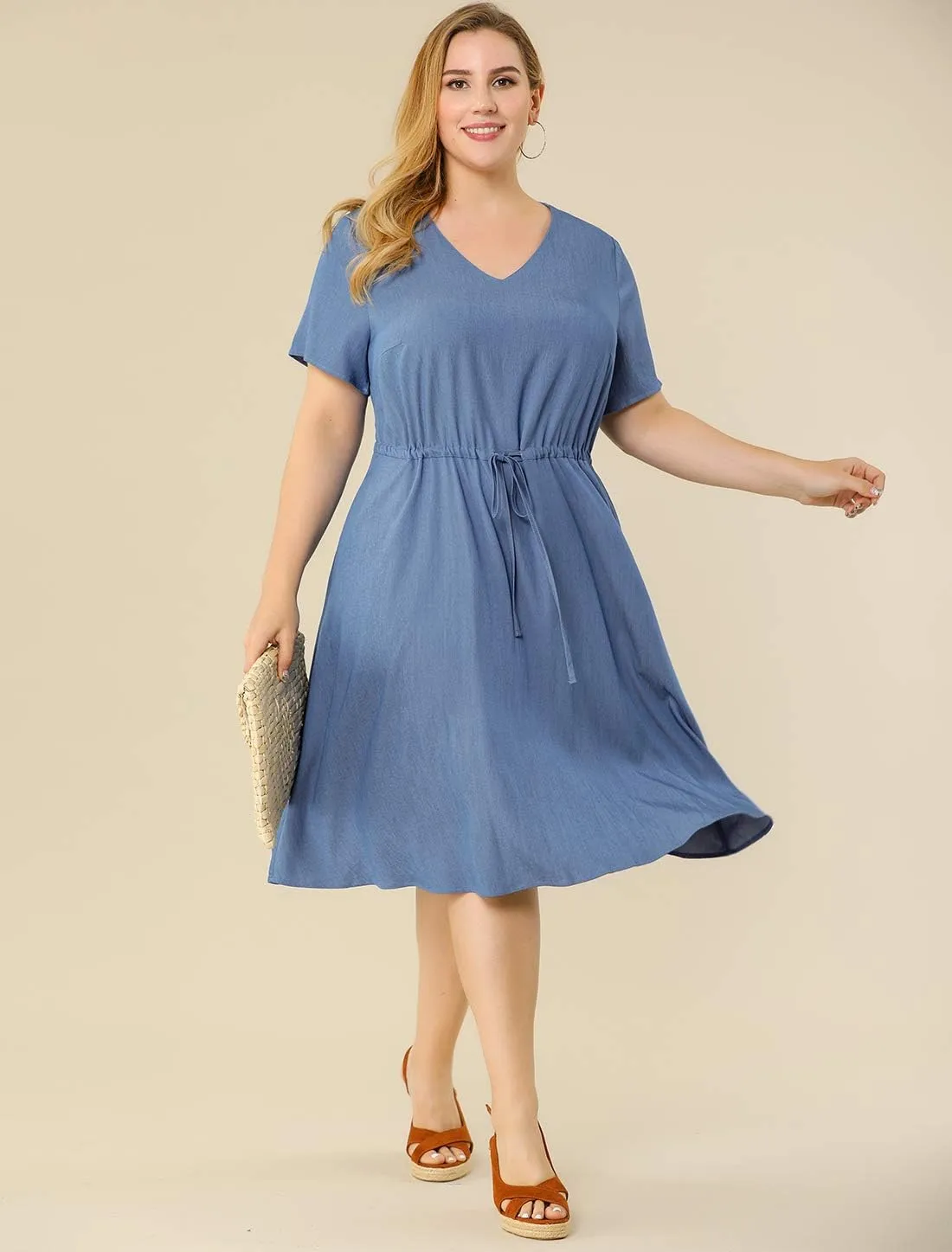 Agnes Orinda Women's Plus Size Dress V Neck Short Sleeve A Line Flowy Midi Chambray Dresses 2024 Summer