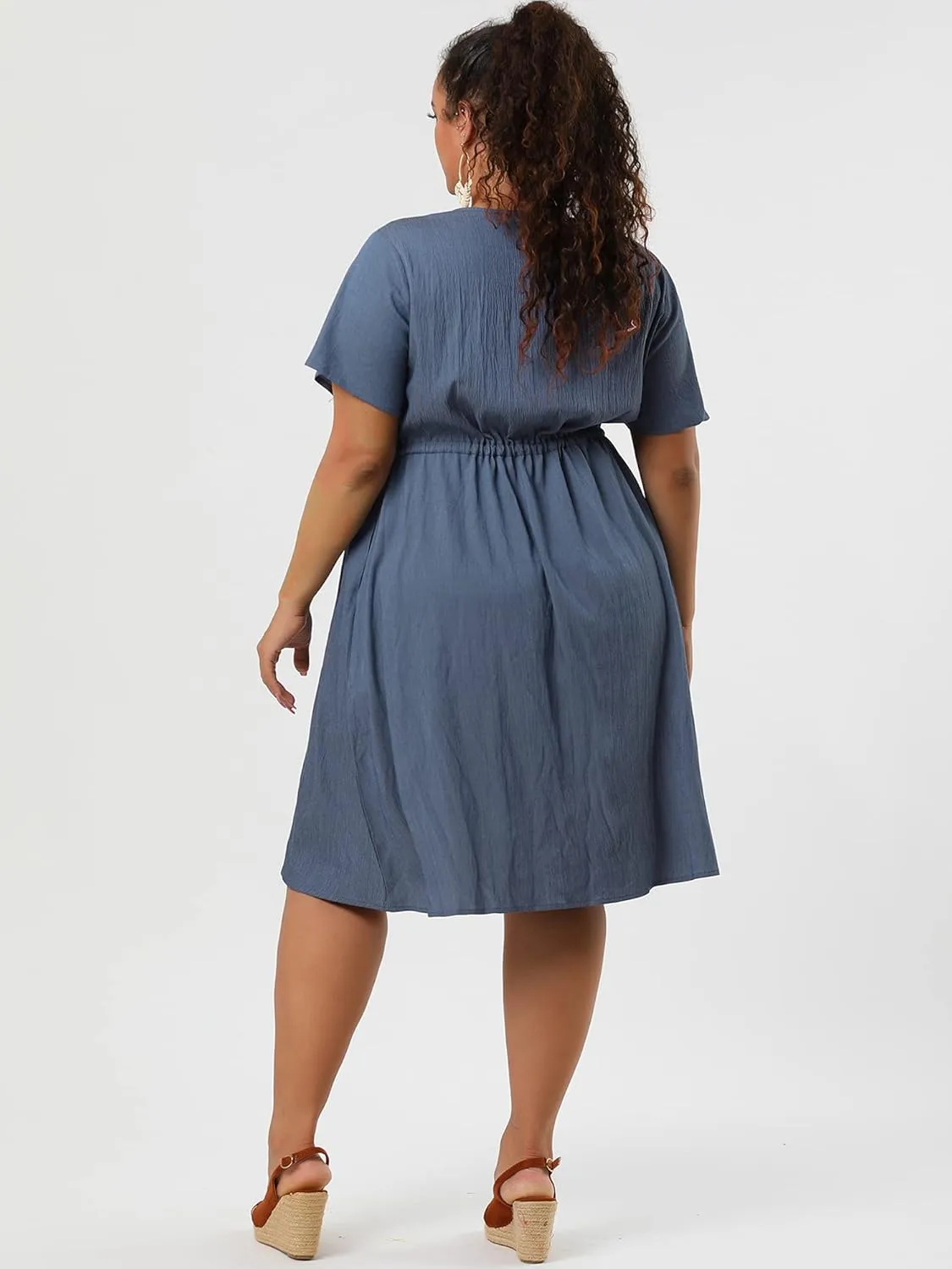 Agnes Orinda Women's Plus Size Dress V Neck Short Sleeve A Line Flowy Midi Chambray Dresses 2024 Summer