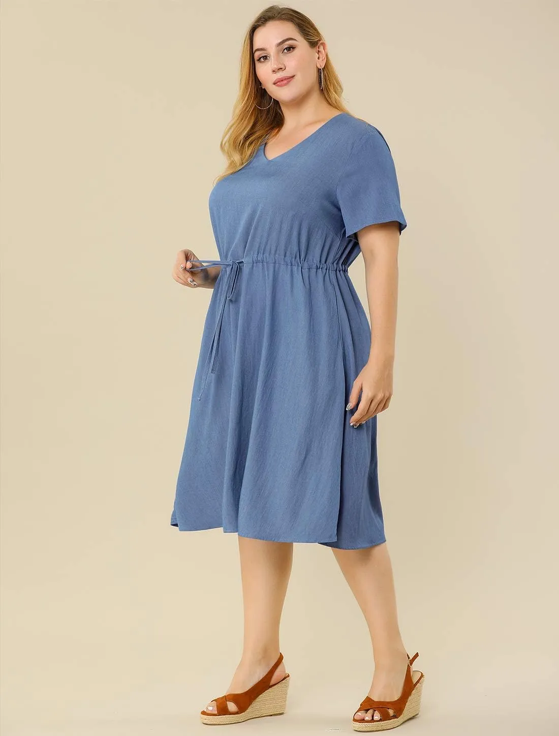 Agnes Orinda Women's Plus Size Dress V Neck Short Sleeve A Line Flowy Midi Chambray Dresses 2024 Summer