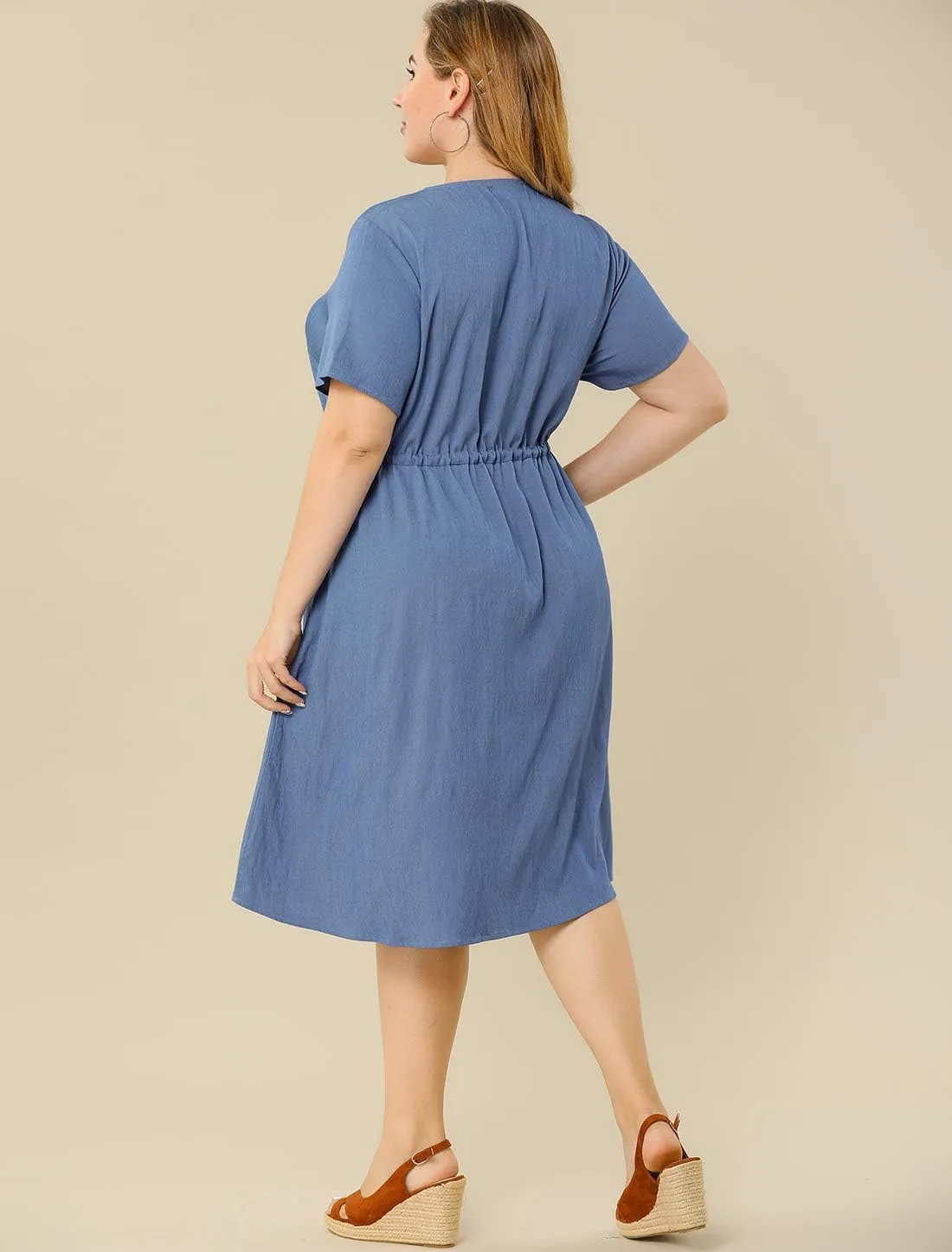 Agnes Orinda Women's Plus Size Dress V Neck Short Sleeve A Line Flowy Midi Chambray Dresses 2024 Summer