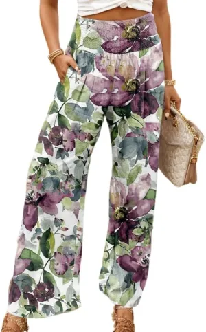 Akivide Women's Elastic High Waist Wide Leg Lounge Pants Cotton Linen Flroal Print Casual Loose Palazzo Trousers with Pocket