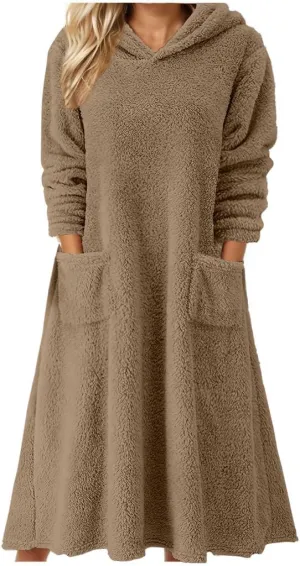 Akivide Womens Oversized Winter Warm Fuzzy Sherpa Hoodie Dress Fleece Maxi Dress Nightgowns with Pockets
