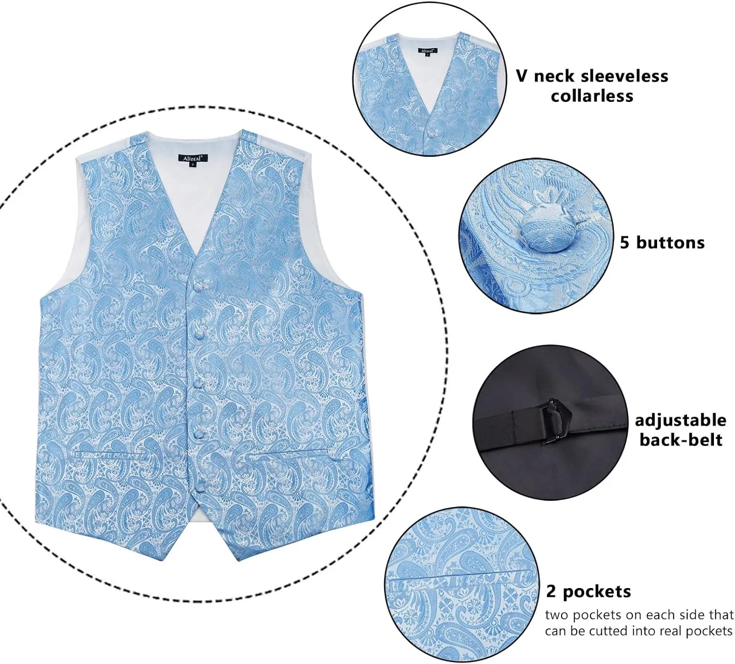 Alizeal Mens 5pcs Paisley Suit Vest Classic Jacquard Button-Down Waistcoat Set