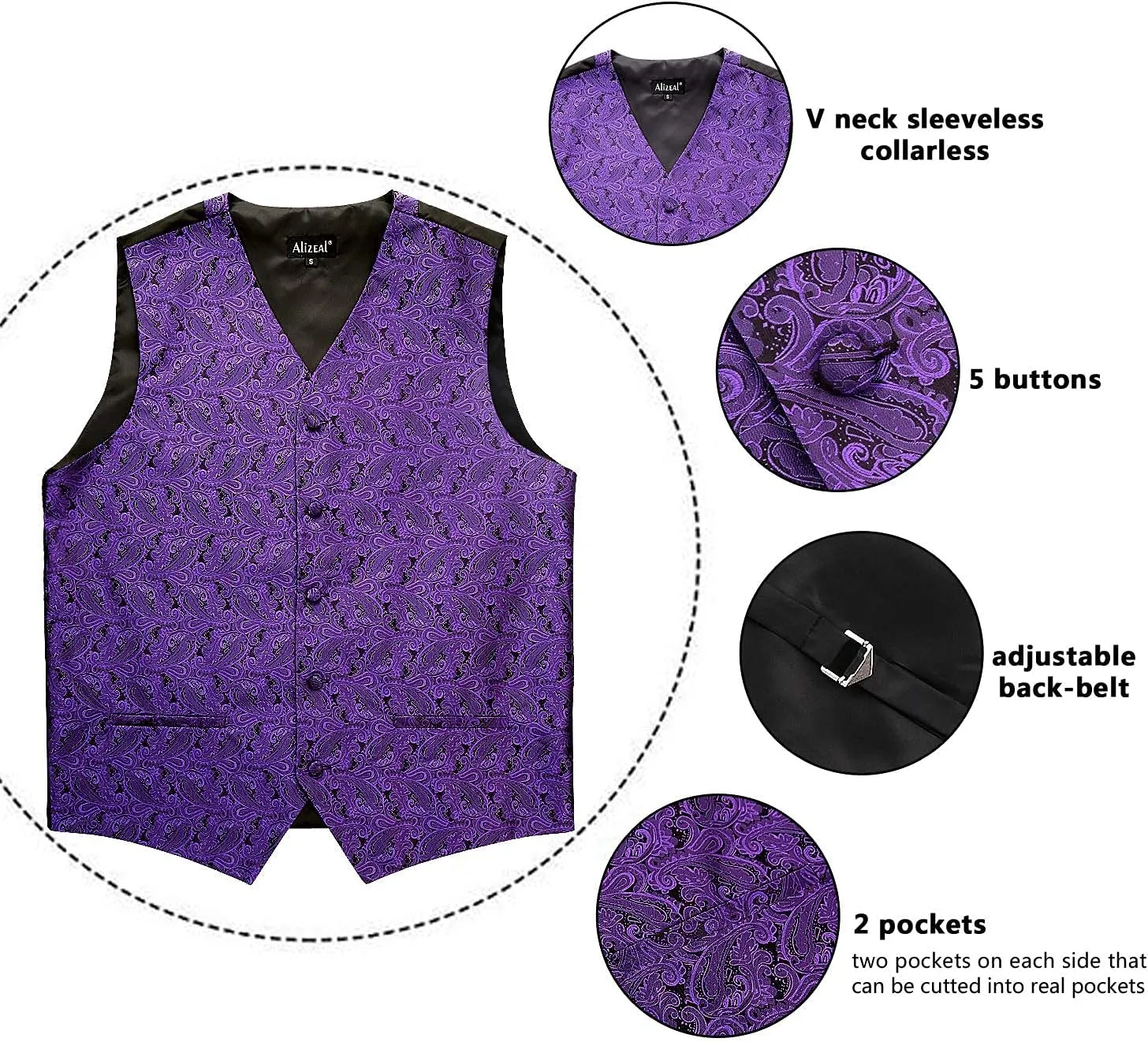 Alizeal Mens Classic 4pc Paisley Jacquard Waistcoat Suit Vest Set