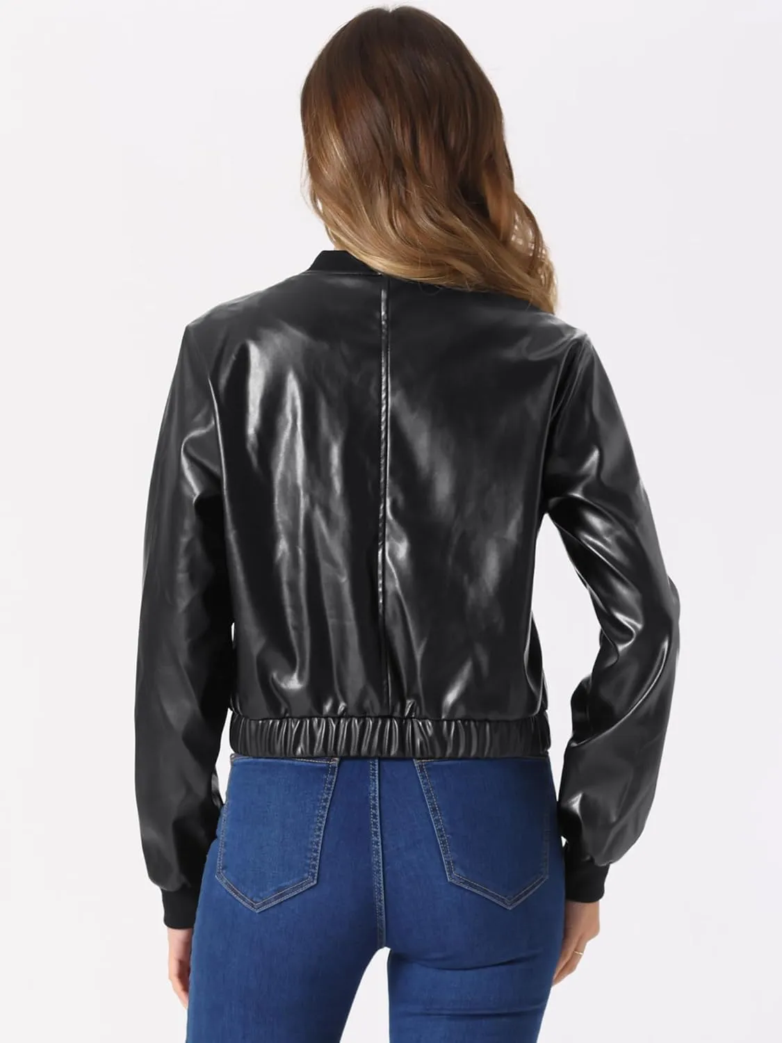 Allegra K PU Bomber Jacket for Women's Long Sleeve Zip Up Faux Leather Coat with Pockets