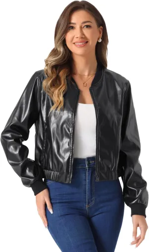 Allegra K PU Bomber Jacket for Women's Long Sleeve Zip Up Faux Leather Coat with Pockets