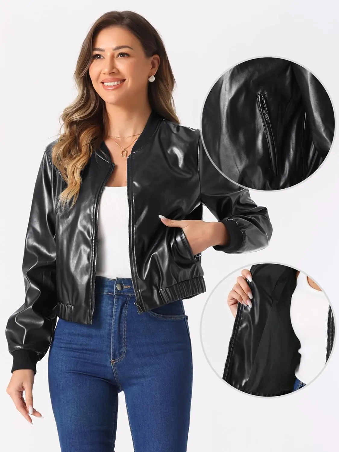 Allegra K PU Bomber Jacket for Women's Long Sleeve Zip Up Faux Leather Coat with Pockets