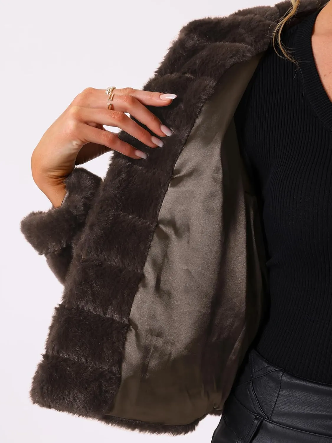 Allegra K Women's Faux Fur Fluffy Coat Collar 2024 Warm Winter Cropped Jacket