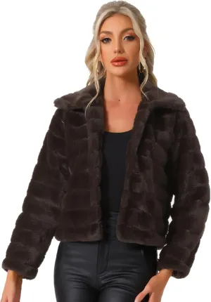 Allegra K Women's Faux Fur Fluffy Coat Collar 2024 Warm Winter Cropped Jacket