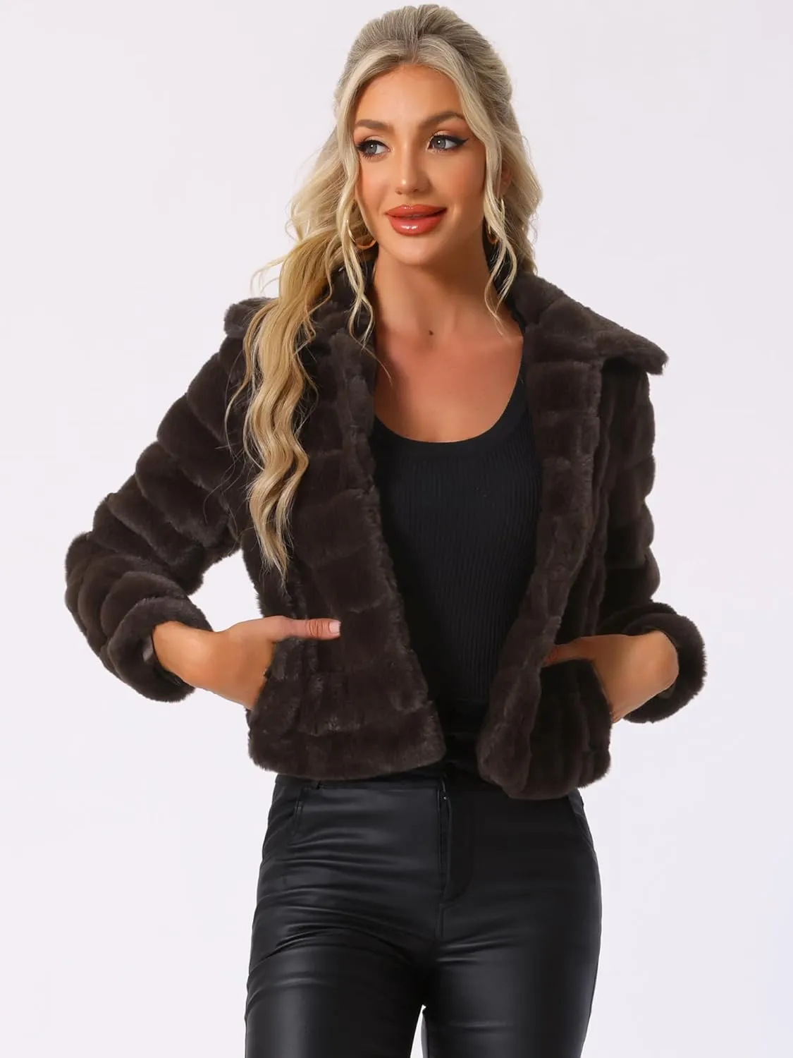Allegra K Women's Faux Fur Fluffy Coat Collar 2024 Warm Winter Cropped Jacket