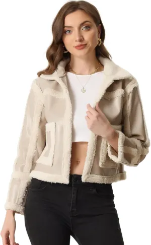 Allegra K Women's Faux Shearing Fur Lined Faux Leather Jacket Warm Thick Winter Coat