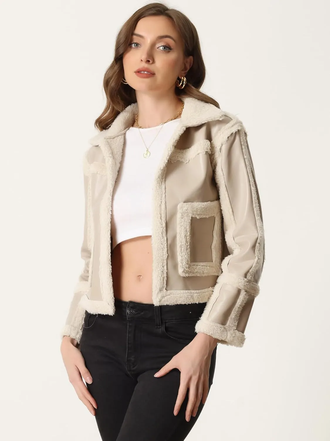 Allegra K Women's Faux Shearing Fur Lined Faux Leather Jacket Warm Thick Winter Coat