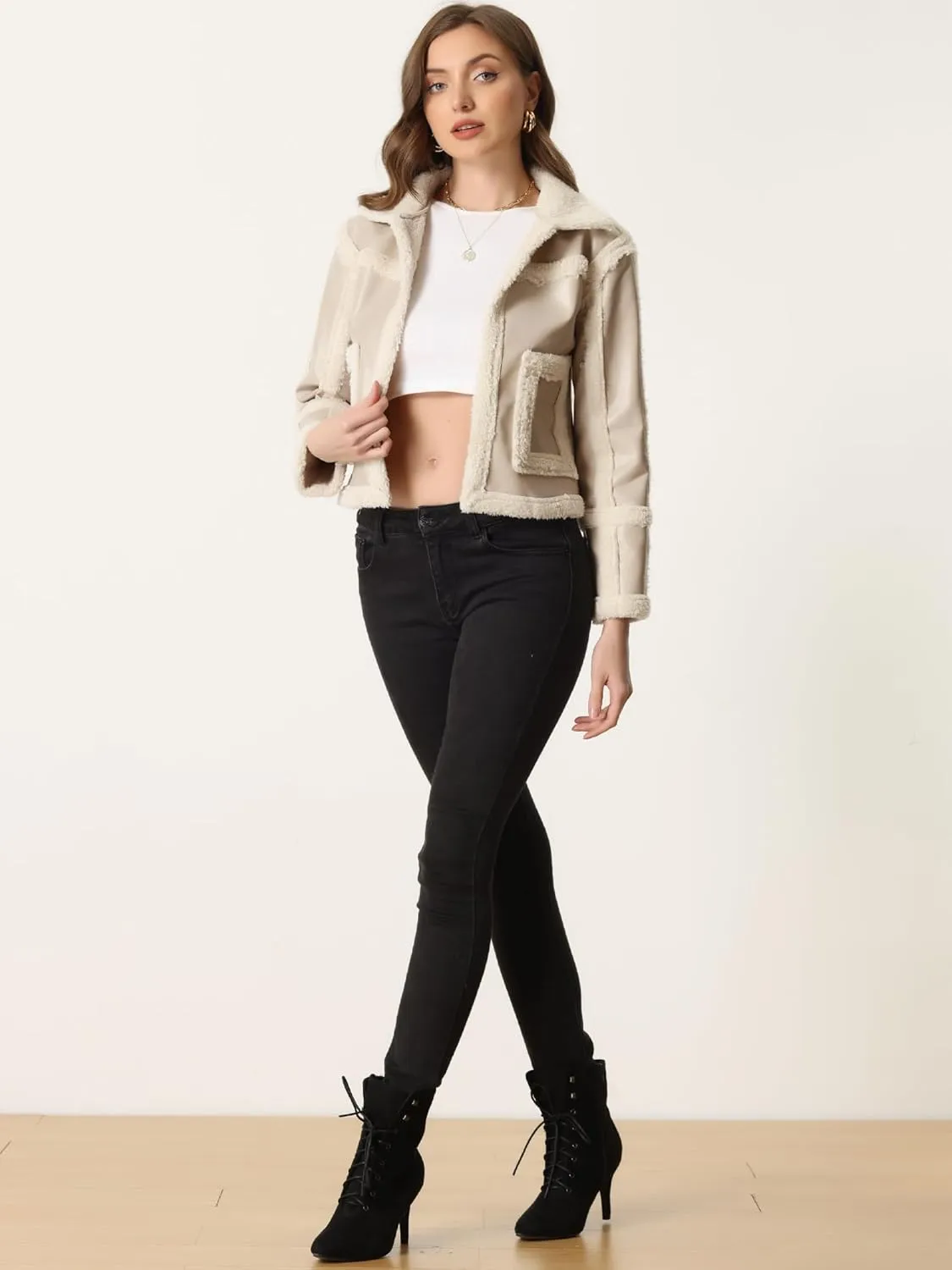 Allegra K Women's Faux Shearing Fur Lined Faux Leather Jacket Warm Thick Winter Coat