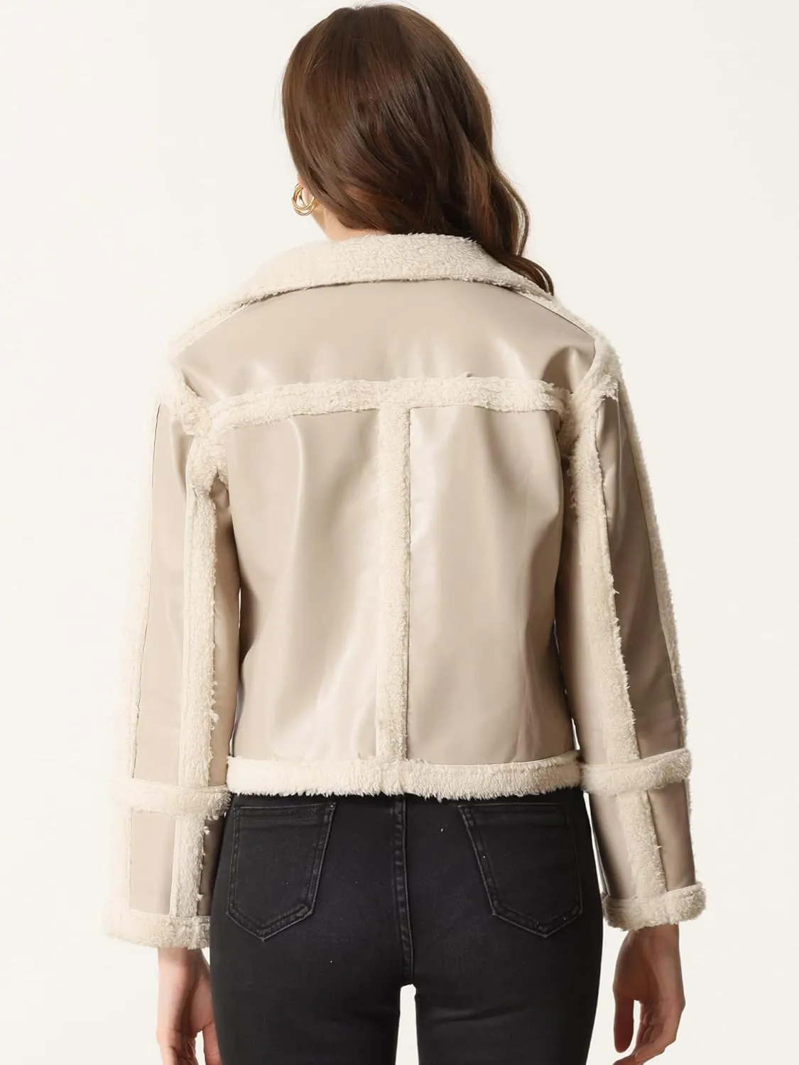 Allegra K Women's Faux Shearing Fur Lined Faux Leather Jacket Warm Thick Winter Coat