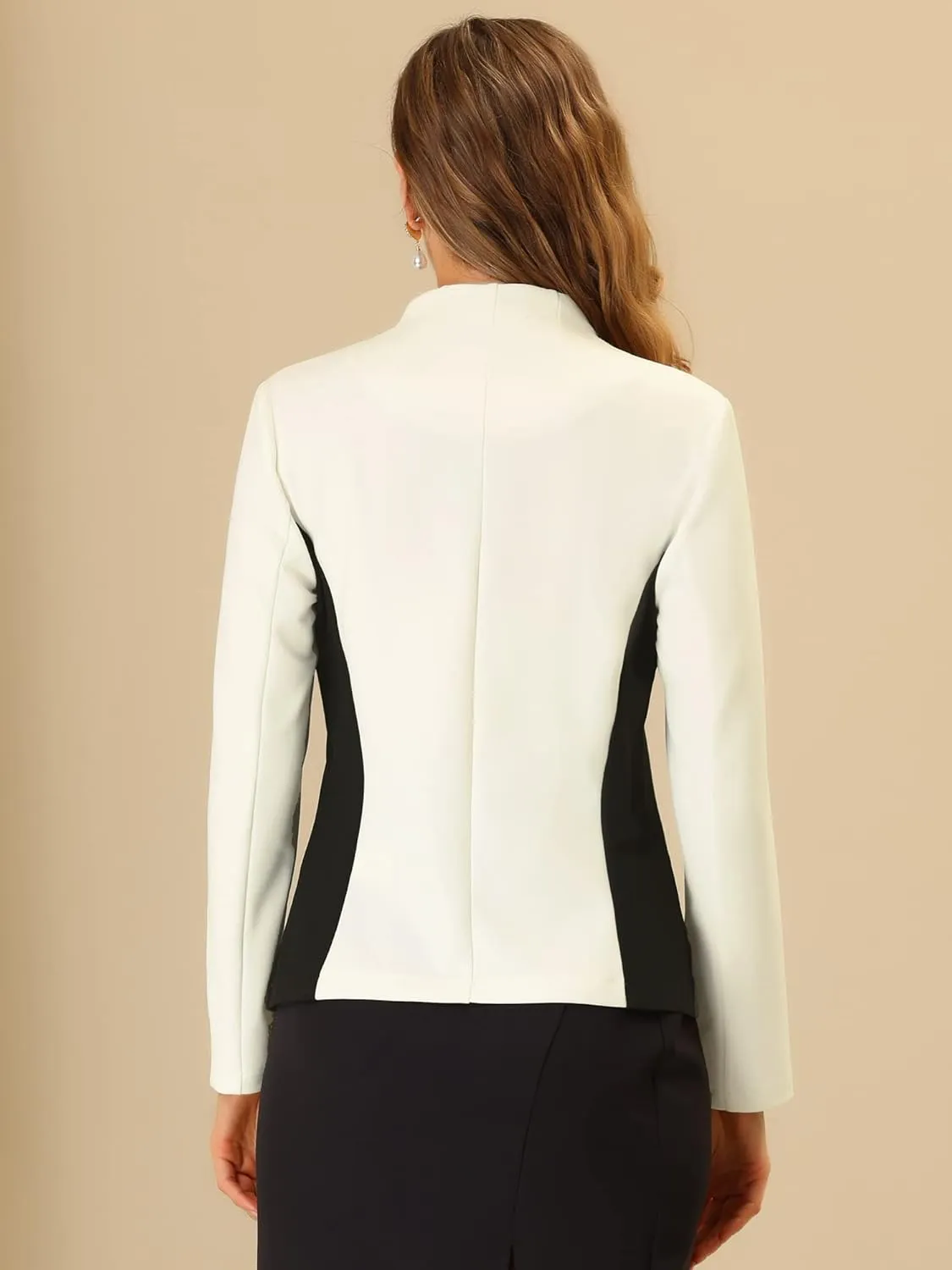 Allegra K Women's Office Jacket Contrast Color Long Sleeve Collarless Work Blazer