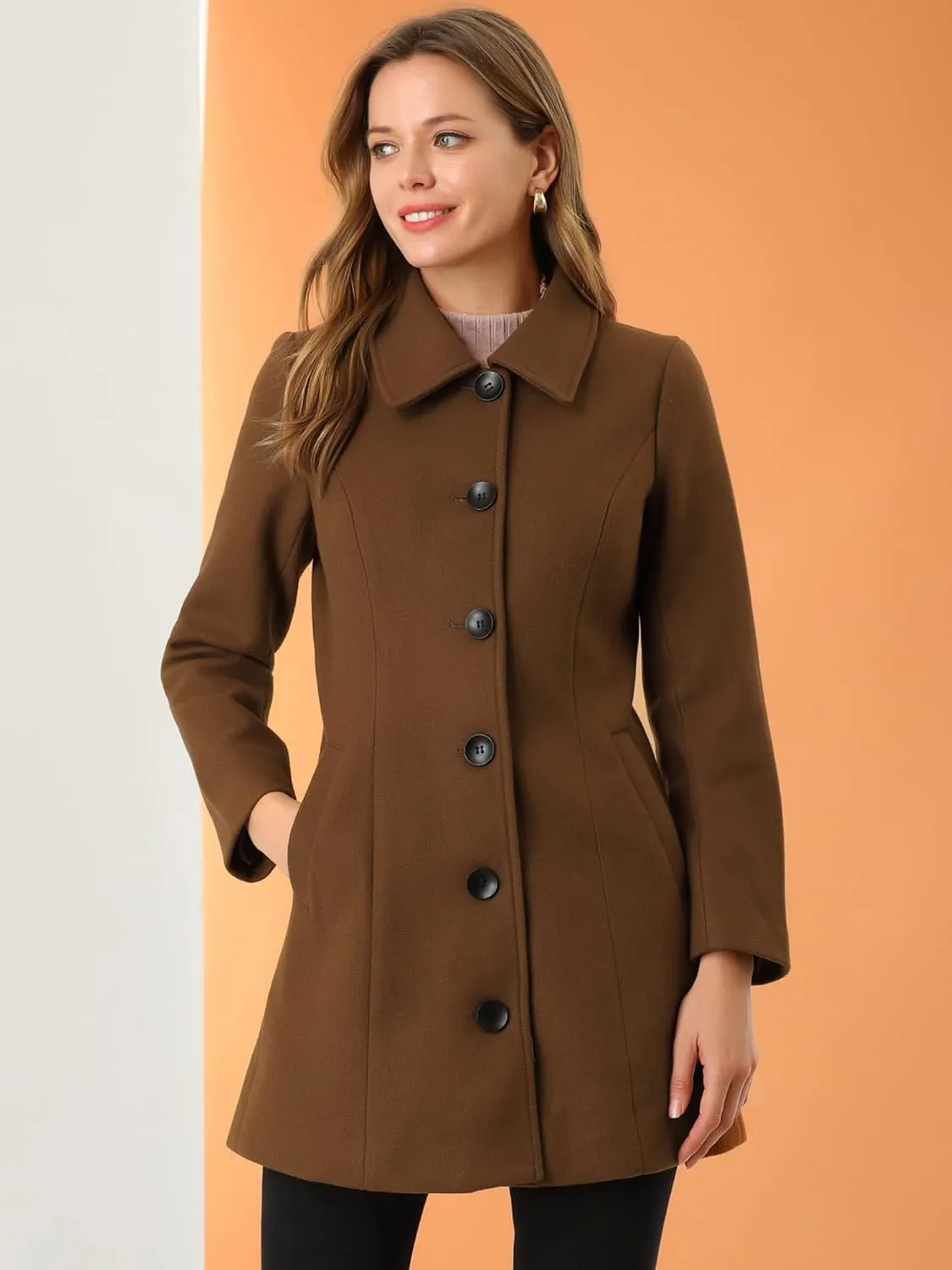 Allegra K Women's Single Breasted Coat Long Sleeve Tunic Warm Casual Coat with Pockets Winter Outfits