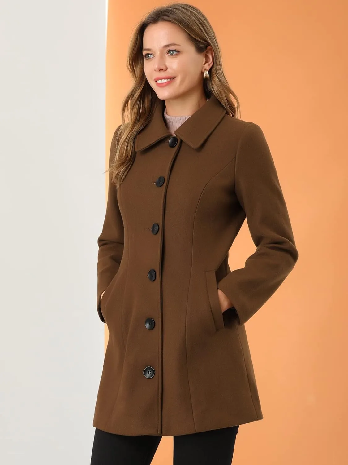 Allegra K Women's Single Breasted Coat Long Sleeve Tunic Warm Casual Coat with Pockets Winter Outfits