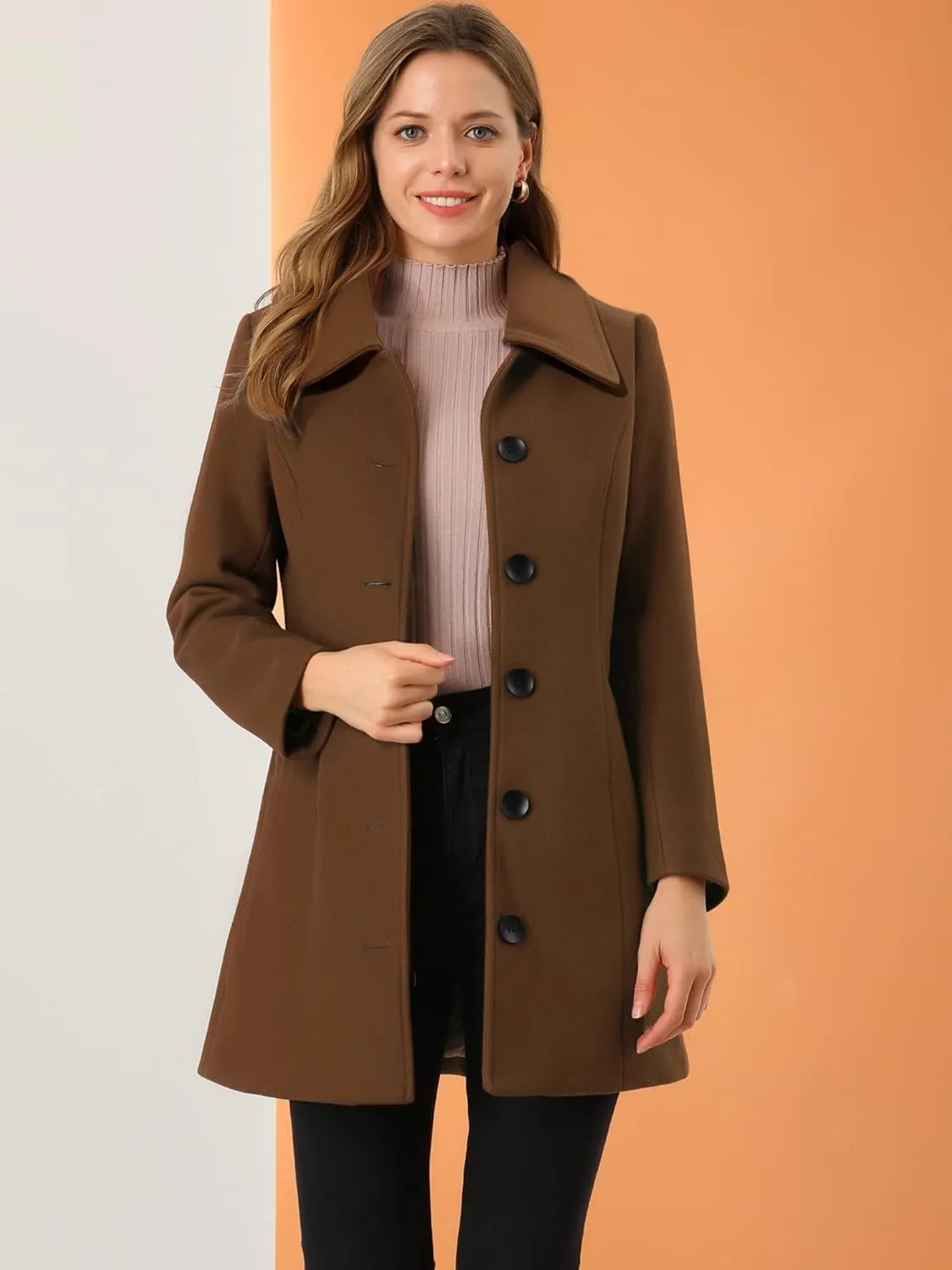 Allegra K Women's Single Breasted Coat Long Sleeve Tunic Warm Casual Coat with Pockets Winter Outfits