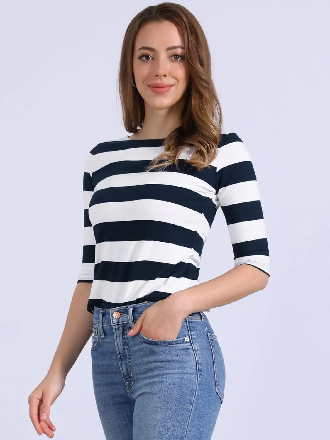 Allegra K Women's Slim Fit Elbow Sleeve Striped Boat Neck T-Shirt