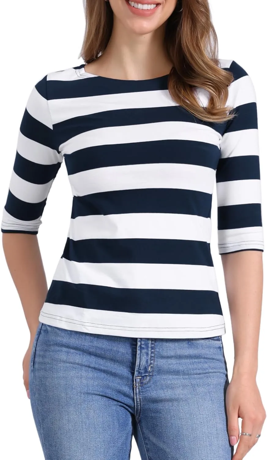 Allegra K Women's Slim Fit Elbow Sleeve Striped Boat Neck T-Shirt